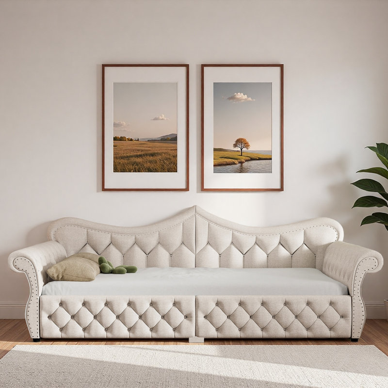 Upholstered Daybed With Led And Nail Head Decoration, Beige