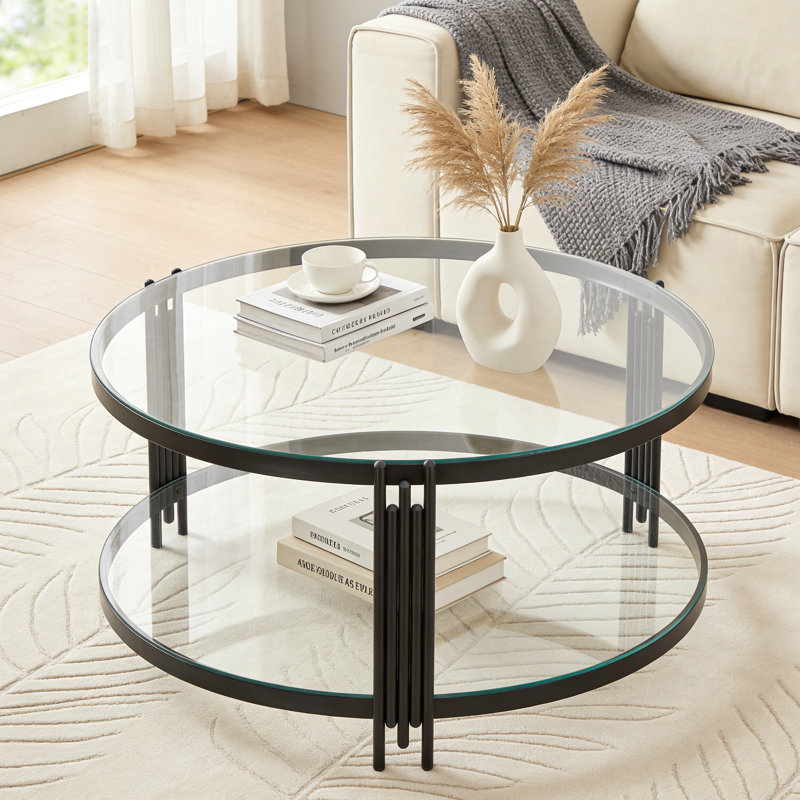 Modern Round Glass Coffee Table with 2-Tier Open Storage, Center Table for Mid-Sized Living Rooms, Black Metal Frame, 35.4"D