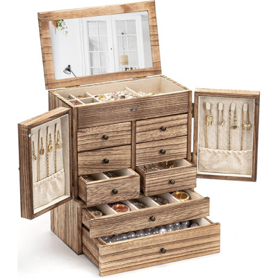 Women Wooden Jewelry Boxes ,6-layer Rustic Large Jewelry Organizer Box With Mirror & 8 Drawers ,Brown