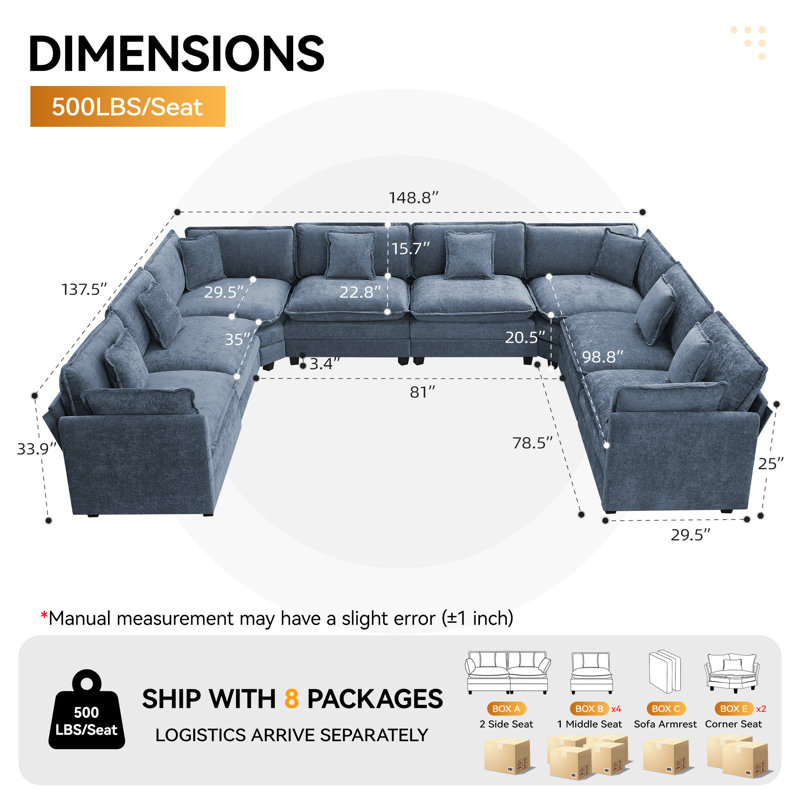 Canapé modulaire en chenille, Forme en U surdimensionnée, Bleu