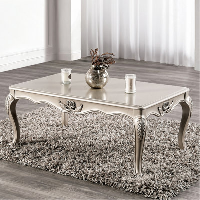 Coffee Table Traditional Curved Legs With Carved Design Solid Wood Structure Champagne Finish.
