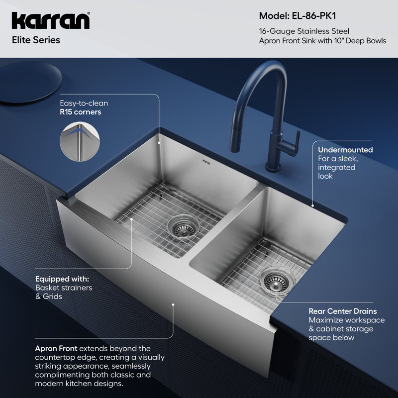 Karran 16-Gauge Stainless Steel 33'' X 22-1/4'' 60/40 Double Bowl Farmhouse Apron Front Sink Kit