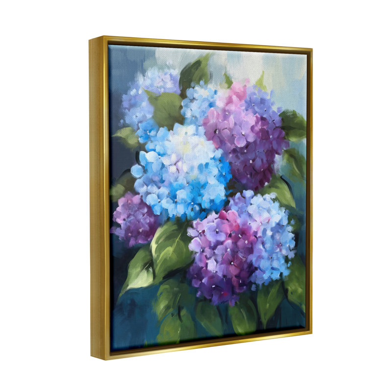 «Red Barrel Studio®», bleu et mauve, hortensias, art mural encadré par Ziwei Li, Cadre flottant métallique doré