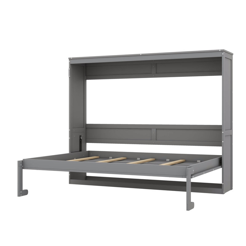 Lit double pliable mural pleine grandeur avec tablette de rangement et lattes en bois, Gris, Lit double