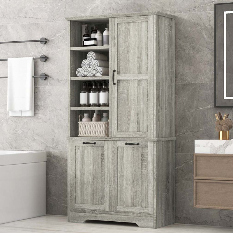 Bathroom Storage Cabinet with Doors and Drawers, Tilt-Out Laundry Hamper, Multiple Storage Space, Oak