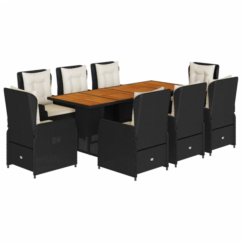  Ensemble de salle à manger de jardin noir, 8 places en rotin de polyester blanc crème, 8