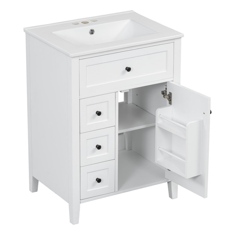 Meuble-lavabo autoportant de 24 po avec lavabo en céramique, Blanc/Noir