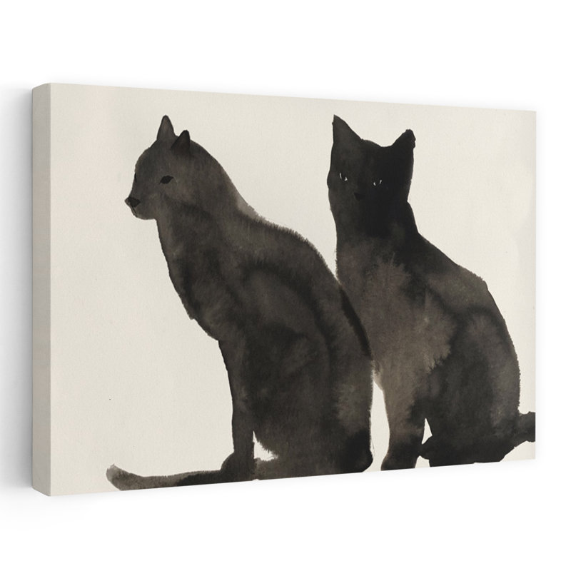 Deux chats noirs, art aquarelle minimaliste, H 24 po x l 16 po