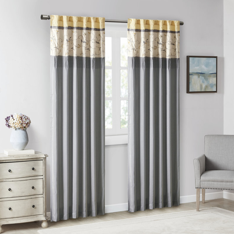 Blue Embroidered Light-Filtering Pleated Curtain Panel