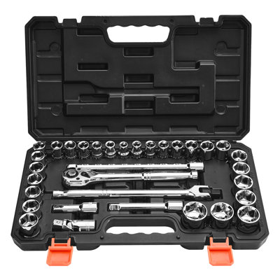 1/2 Inch Drive 33 Pieces And Metric Socket Mechanic Tool Kit With Ratchet Wrench Extension Bar Storage Case Alloy Steel Minimize Fastener Wear Secure Tools