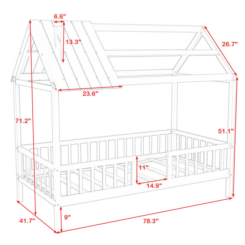 Hadrien Twin Wood House Bed with Fence, Gray