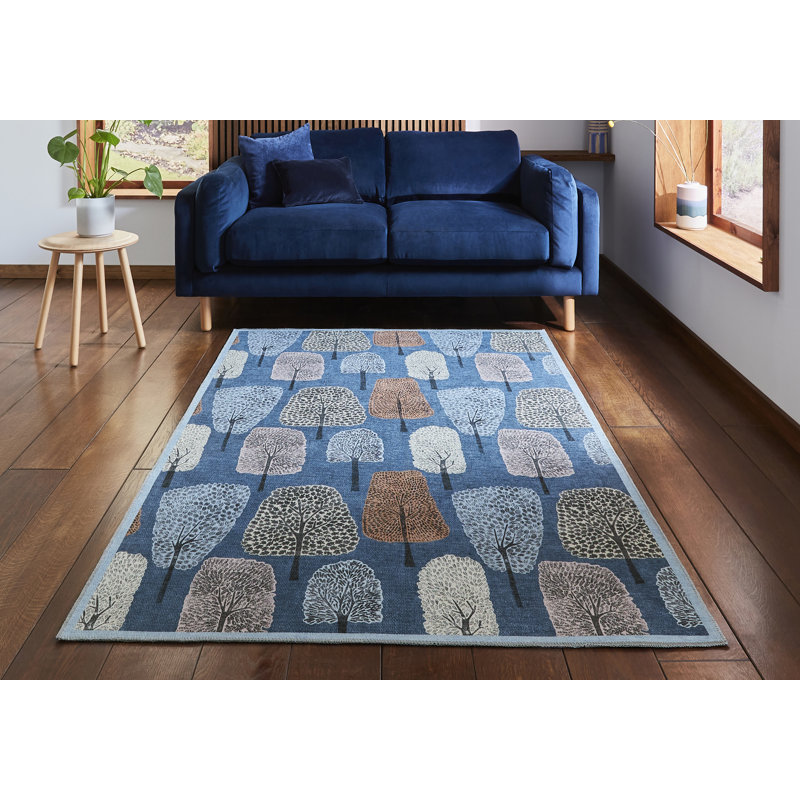 Scion Floral Digitally Printed 76cm X 150cm Area Rug, Round 152 cm, Dark Blue