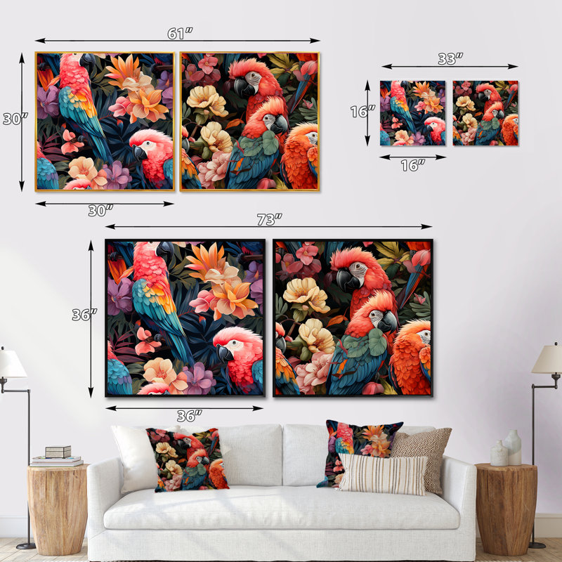 Parrot Haven - motif tropical - ensemble de 2 collages carrés tropicaux, Cadre flottant blanc, H 30 po x l 61 po