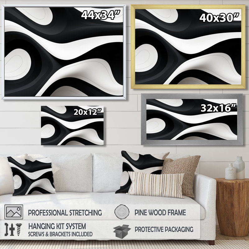 Orka Flows Minimal Black White - vagues, impression d'art mural, H 12 po x l 20 po x P 1 po, Toile avec cadre flottant noir