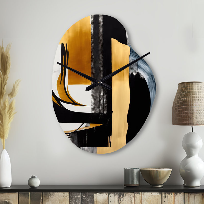 Glamour doré et noir Expression II - horloges murales asymétriques modernes en métal, impression d'horloge murale de forme unique