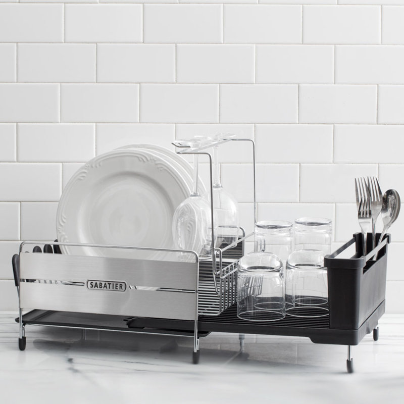 Sabatier Expandable Stainless Steel Dish Rack with Rust-Resistant Soft Coated Wires & Bi-Directional Spout