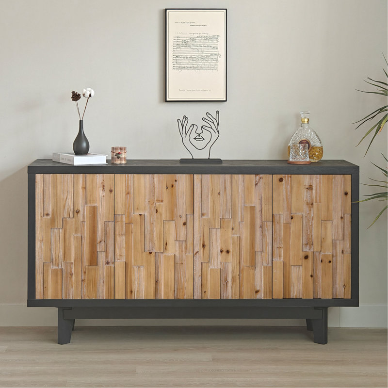 Armoire de rangement moderne à 4 portes en bois avec motif géométrique texturé - porte en bois naturel