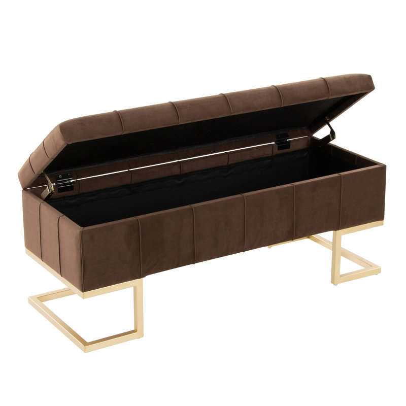 Banc de rangement en acier et velours, Brun