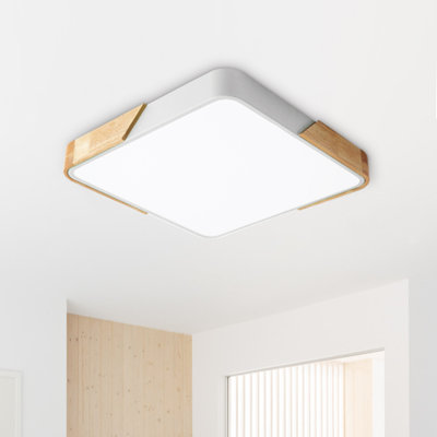 40cm LED Dimmable Flush Mount, Modern Square Ceiling Light with Wood Accent