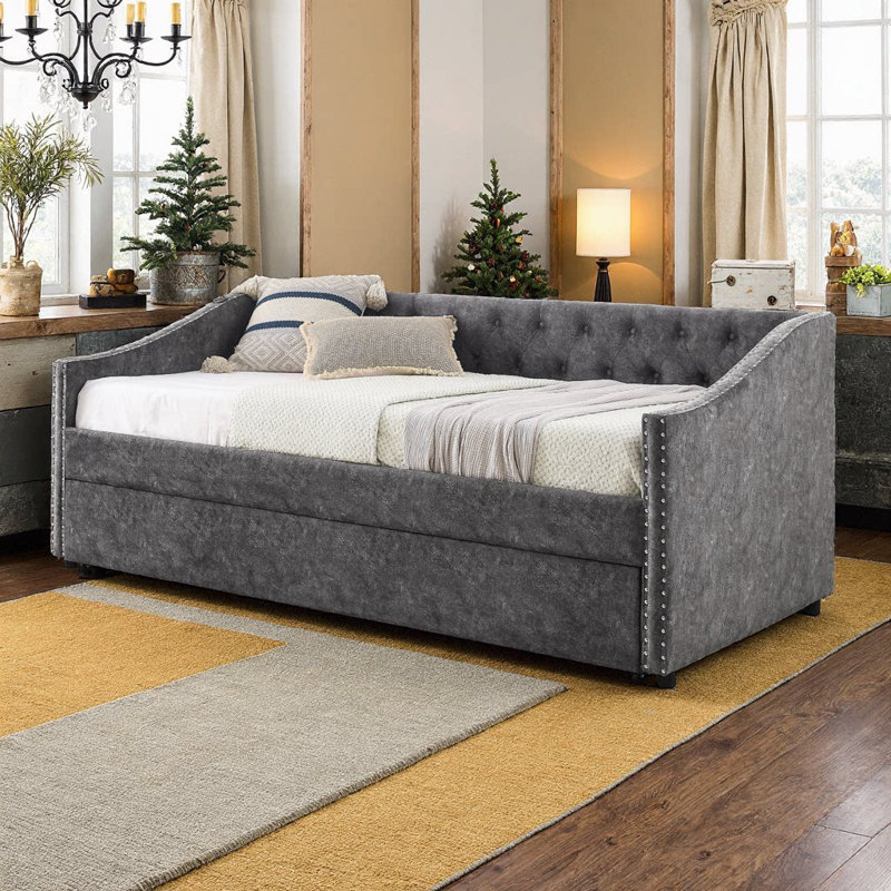 Lit de jour simple avec charge USB et fonction extensible, structure en bois d'eucalyptus, Gris