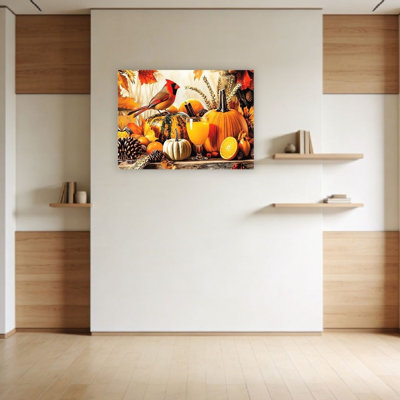 Pumpkin And Cardinal Bird Autumn Theme, Unframed Wall Art, 24"L X 36"W