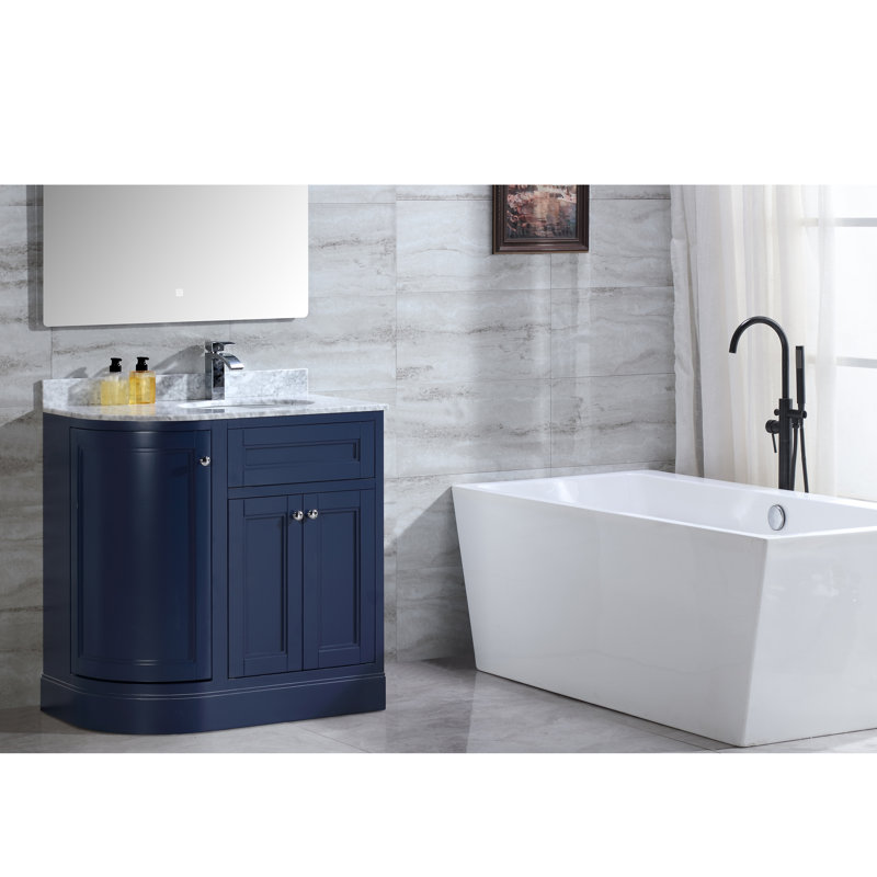 Ensemble de meuble-lavabo simple 36 po avec plateau Mirhan, Blanc de Carrare, Bleu marine