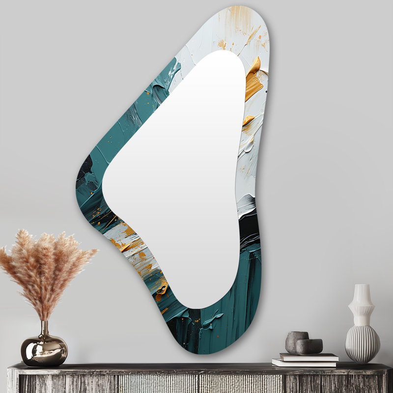Or et vert cascade de marbre blanc VI - peinture abstraite grand miroir mural asymétrique moderne