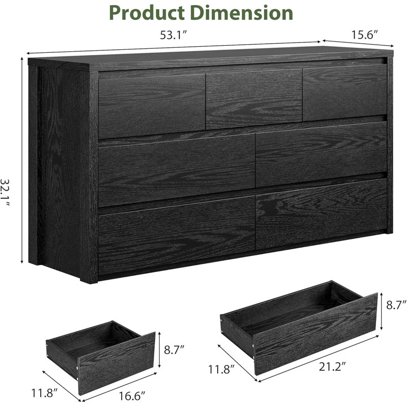 7-Drawer Dresser for Bedroom, Wide Wood Chest with Handle-Free Design, Modern Storage Cabinet for Living Room or Entryway