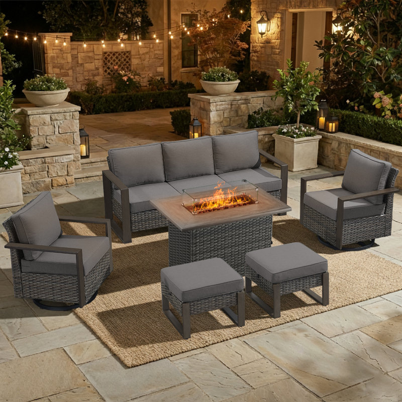 6-Piece Outdoor Rattan Modern Garden Fire Pit Set With Sofa, Swivel Chairs And Ottomans, Gray, Gray