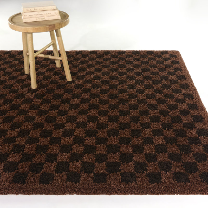 Conewango Brown Checkered Shag Area Rug, Rectangle 5'3" x 6'11.9"