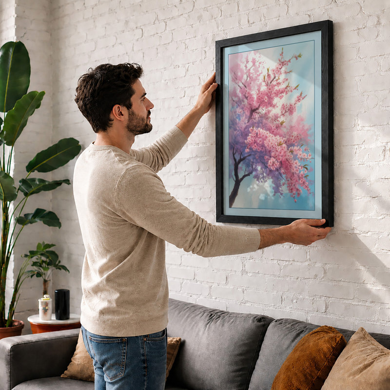 Moonlit Cherry Blossom Botanical - Framed Print, A3 - 42.0 x 29.7 cm, White