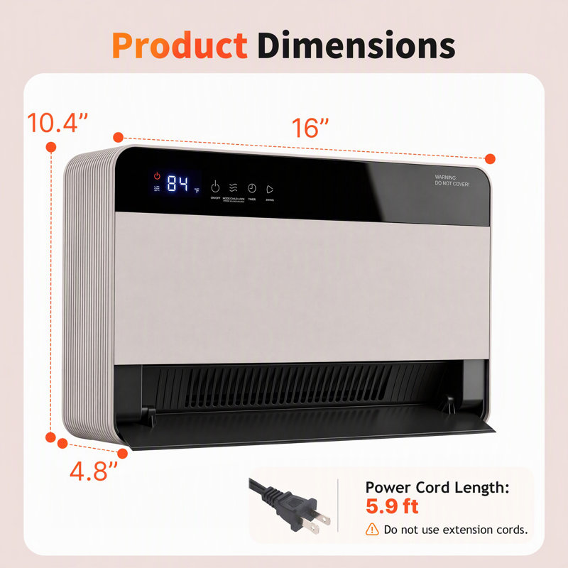 Chaufferette murale 1500W avec balayage oscillant, écran tactile et télécommande, Gris clair