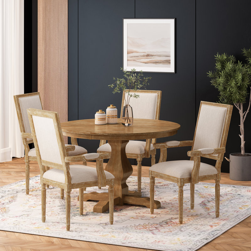 4 - Person Pedestal Dining Set, Natural, Natural, Natural/Beige