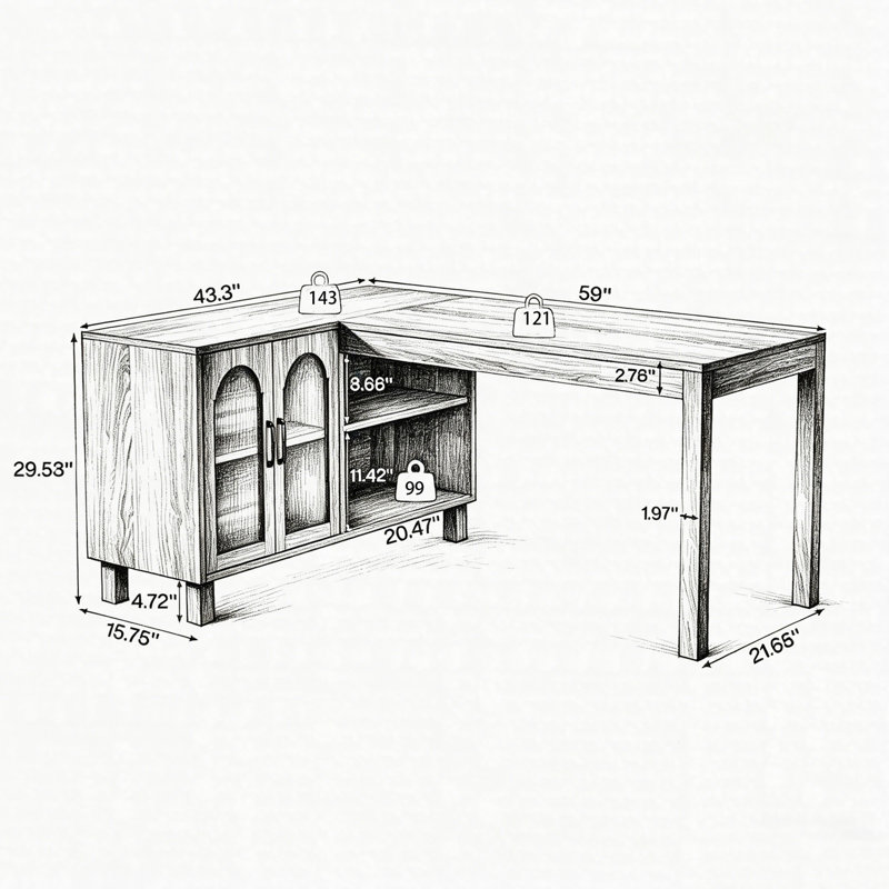 59" L-Shaped Executive Desk, Corner Computer Desk With Storage Cabinet & Shelves For Home Office, Rustic Brown