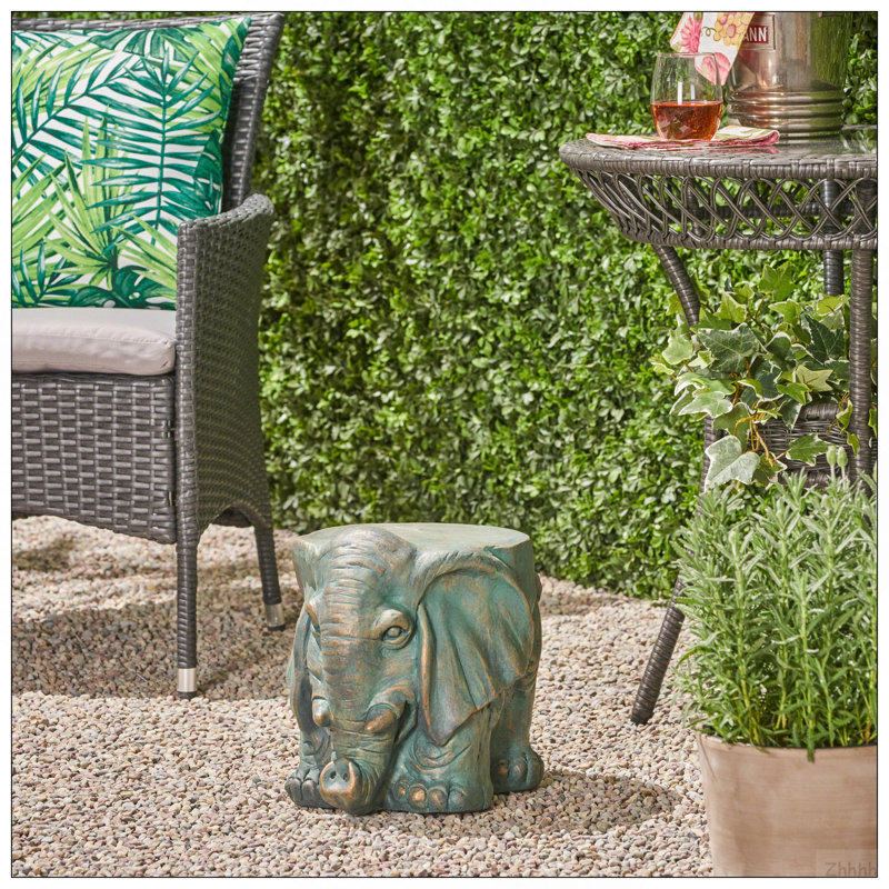Tabouret de jardin éléphant, patine cuivre