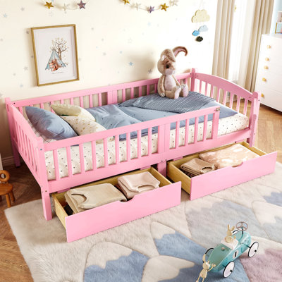 Lit plateforme simple TG avec garde-corps pleine longueur, lit plateforme pour enfants avec tiroirs de rangement, tête de lit enfantine et mignonne, rose