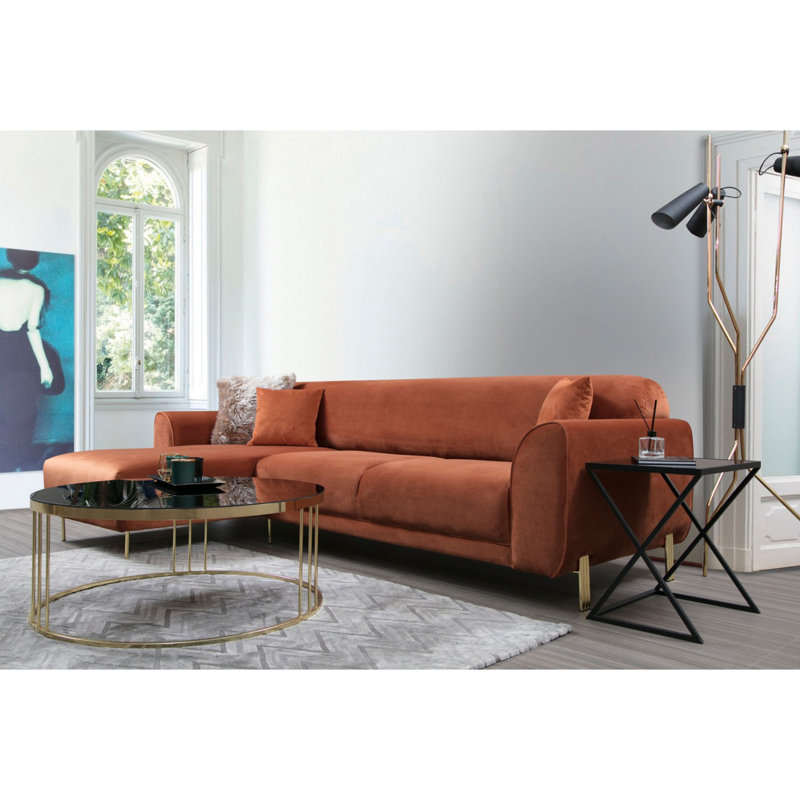 Canapé-lit d'angle Cinnamon, structure en bois de hêtre et en carton, 113,0 po x 66,5 po x 33,5 po | Tissu 100% polyester, 2 coussins fixes (18,0 x 18,0 pouces) | Pieds en métal doré, design glamour moderne, confort et style combinés
