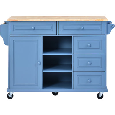 Kitchen Cart With Rubber Wood Desktop Rolling Mobile Kitchen Island With Storage And 5 Draws 53 Inch Length