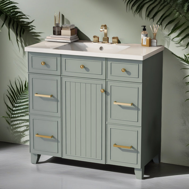 Ensemble de meuble-lavabo 36 po avec lavabo, lavabo simple, meuble-lavabo avec porte à fermeture douce et 3 tiroirs, Vert