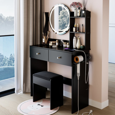 Table de meuble-lavabo ronde 17 po avec tabouret à DEL réglable et 3 couleurs, commande par interrupteur tactile, 2 sources d'alimentation CA +, grand bureau, rangement multi-couches, style américain, matériau, profondeur de 31,5 po