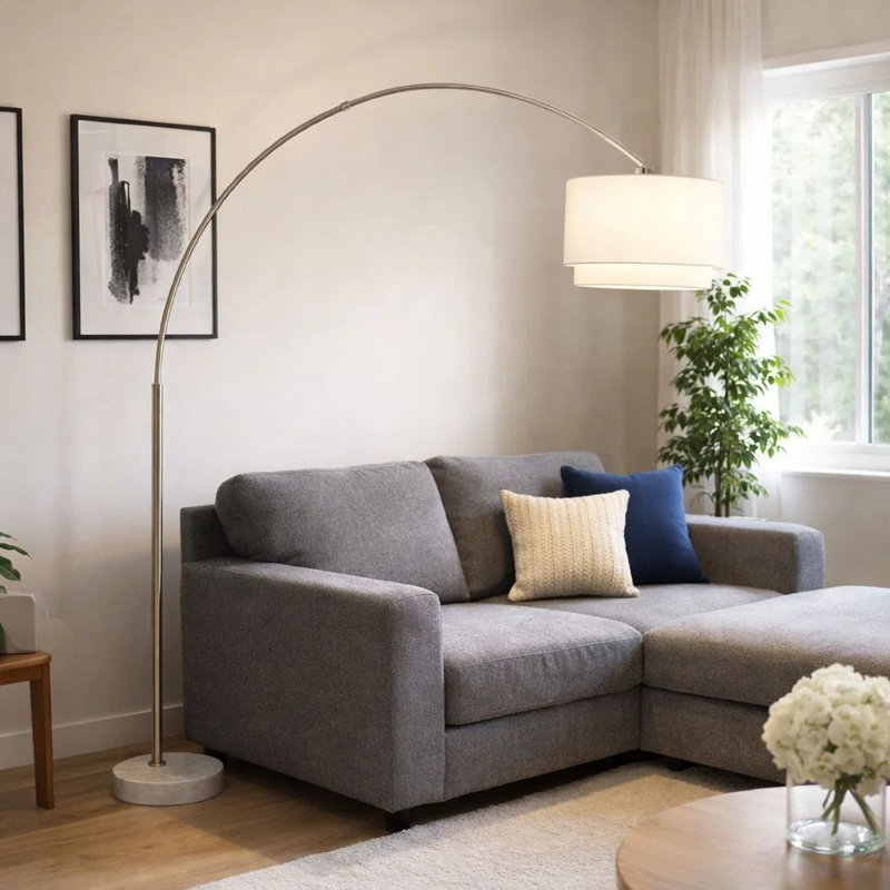 Lampe sur pied moderne avec double abat-jour blanc, base ronde en marbre, 81 po