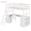 Lit mezzanine simple en bois avec tiroirs, armoire, tablettes et bureau pour une utilisation compacte et multifonctionnelle
