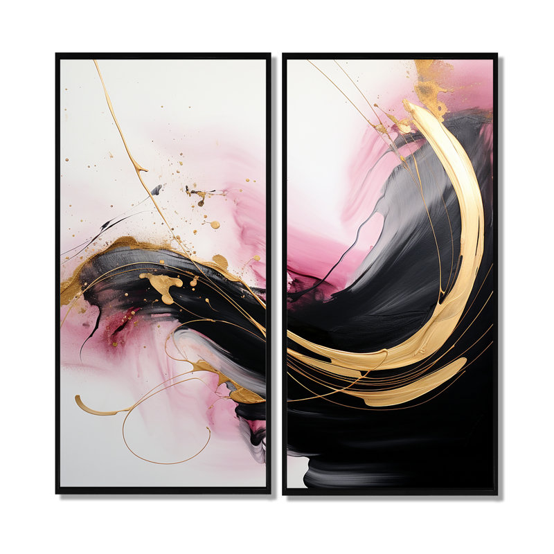 Abstrait, vague d'or rose et noir I - grande peinture murale abstraite, 32" H x 32" W, Impression encadrée flottante, Black