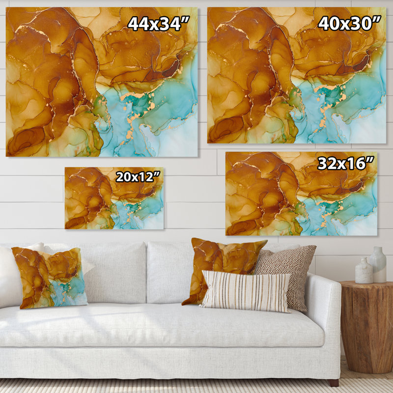 «Brown and Blue Luxury Abstract Fluid V», peinture sur toile, H 12 po x l 20 po x P 1 po, Toile tendue