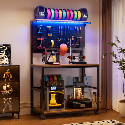 3d Printer Stand With Filament Storage, Charging Station, Workbench With Pegboard & Led Lights, 4 Leveling Casters, Heavy Duty Mobile Or Fixed Iron Printer Rack For Home Workshop & Garage (size L)