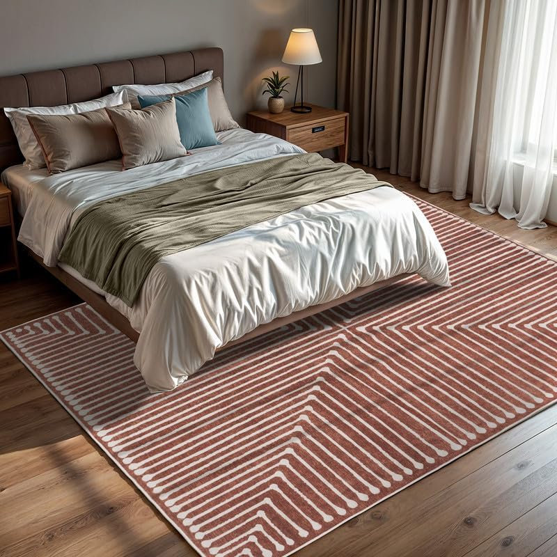 Tapis d'intérieur lavable à la machine Knidos - 3 pi x 5 pi beige et orange, Rectangulaire 3 pi x 5 pi