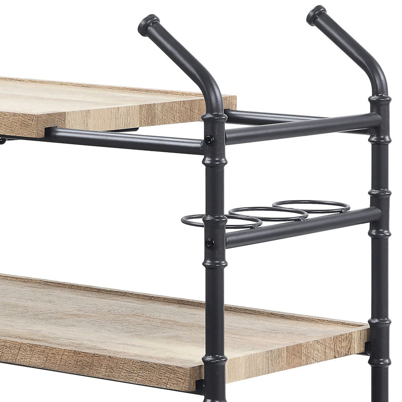Chariot de service rustique industriel à 2 tablettes pour le service - chêne et noir sableux, avec verres à pied, roues verrouillables, grand espace de rangement pratique et généreux