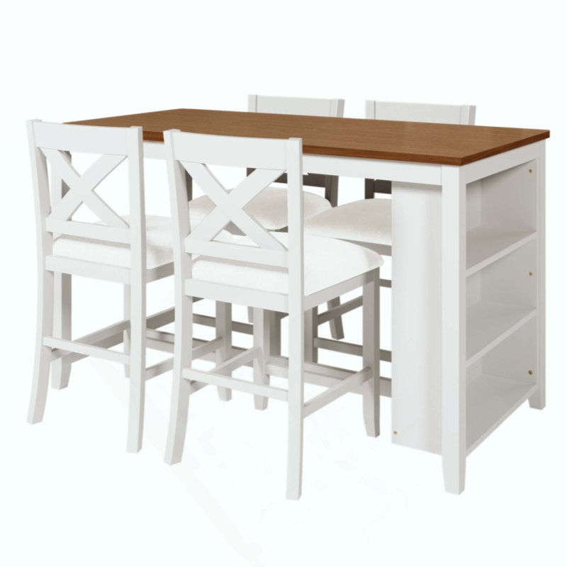 Ensemble de 5 tables de bar en bois à hauteur de comptoir avec 4 chaises, Brun / Blanc, Blanc