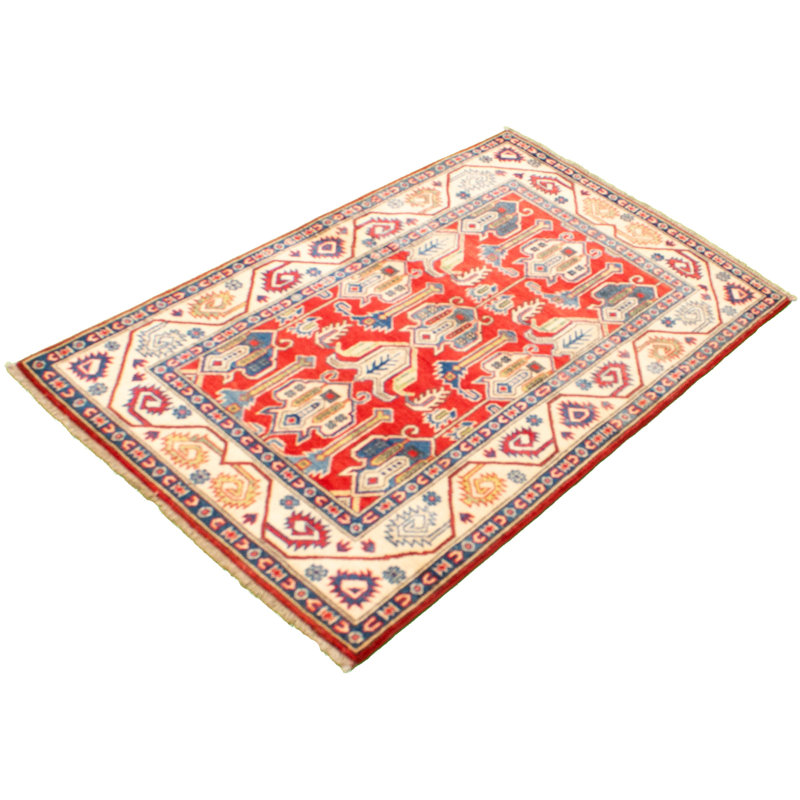 Tapis unique en laine noué à la main gazni rouge et doré des années 2010 de 3 pi 5 po x 4 pi 9 po Qaiden