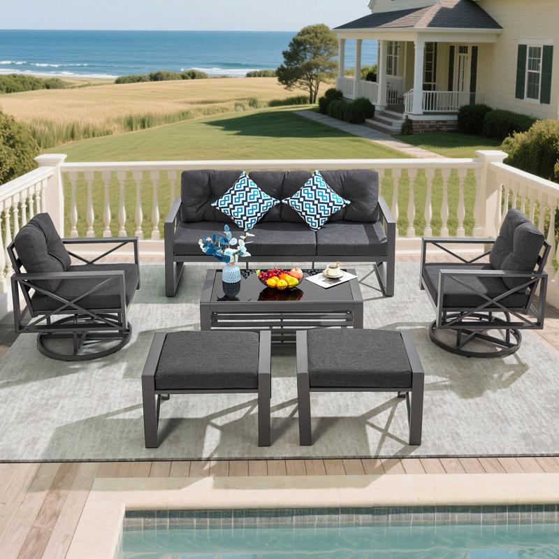 6 Pieces Metal Patio Furniture Set, Outdoor Seating Furniture With Swivel Chairs And Ottoman Ideal For Indoor Porch Deck Bistro Lawn Garden Backyard Poolside